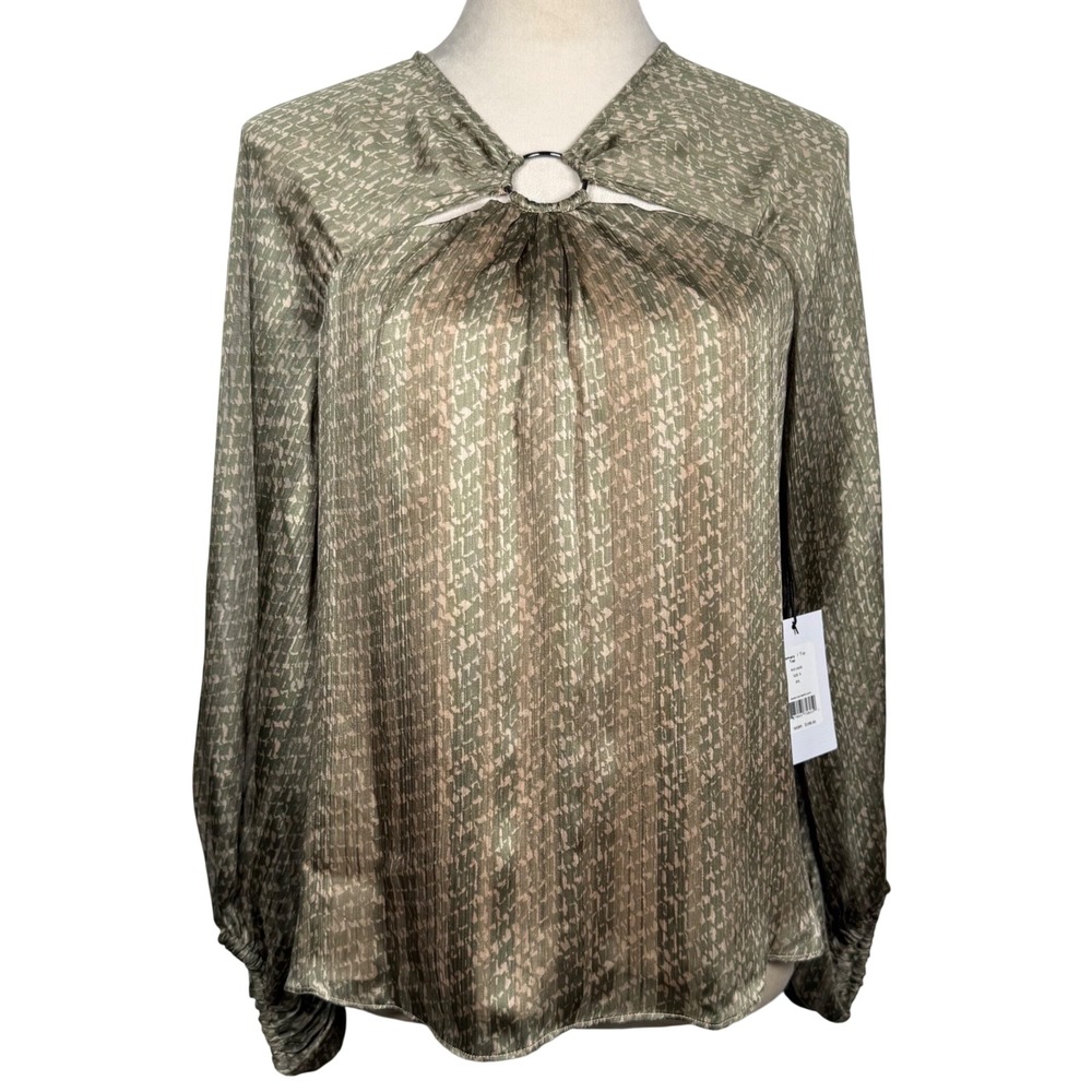 BAILEY 44 NWT Made in USA Olive Green Geometric Print‎ Ring Detail Blouse Size S